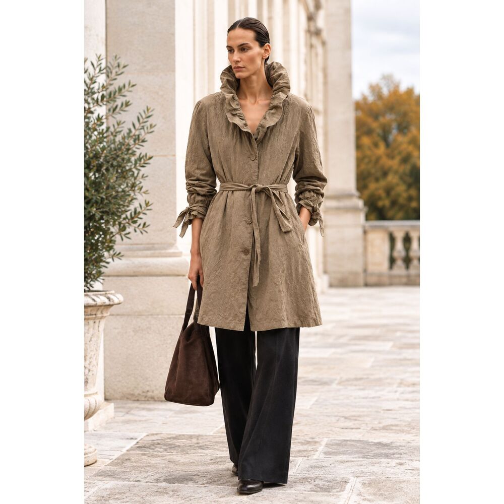 On Parle De Vous Ruffled Neck Belted Trench-coat in Beige XL